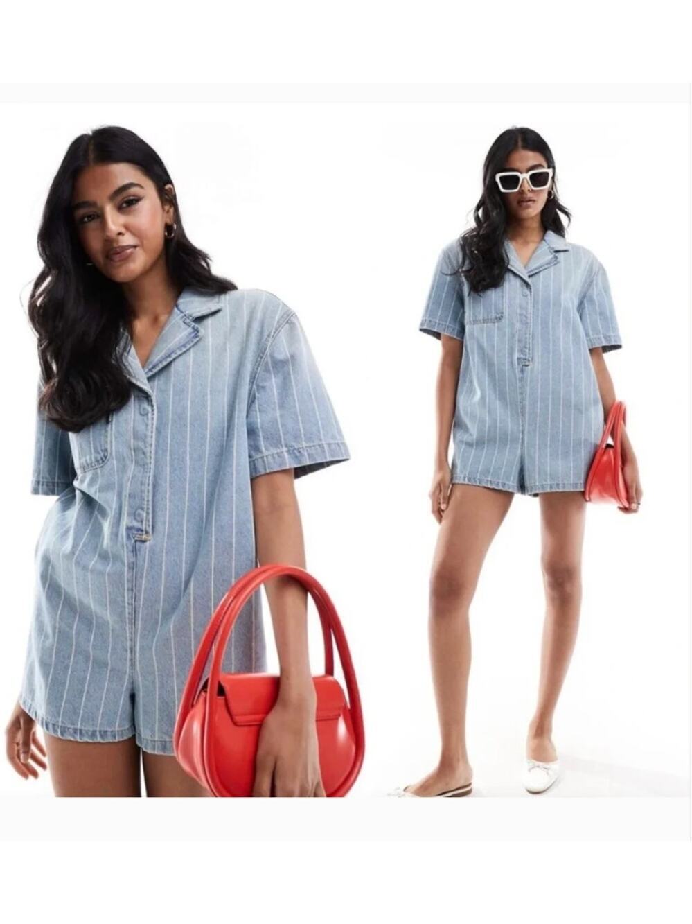 ASOS Blue Pinstripe Short Sleeve Button Down Denim Romper Playsuit Size 2 Boxy